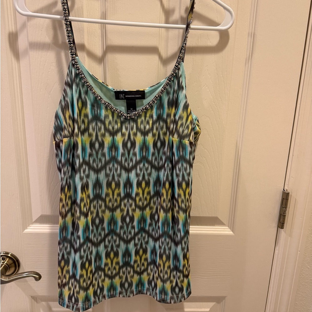 INC International Concepts Women's Patterned top- Blue, Yellow, Black